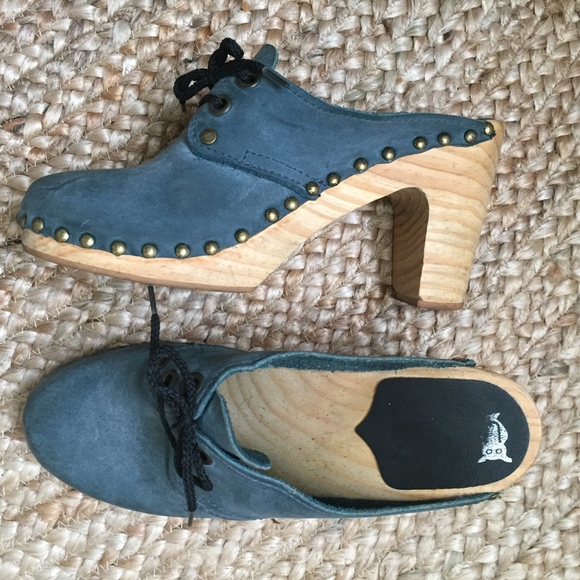 UGGLEBO Swedish Clogs Mules Heels Blue Suede Nubuck Lace-ups 7 - Picture 3 of 5